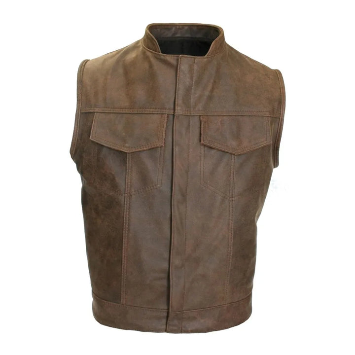 Brown Vintage Biker Cut Vest Concealed Snap / Zipper