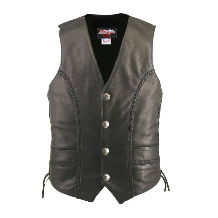 Men's Braided Leather Vest with Genuine Buffalo Nickel Snaps