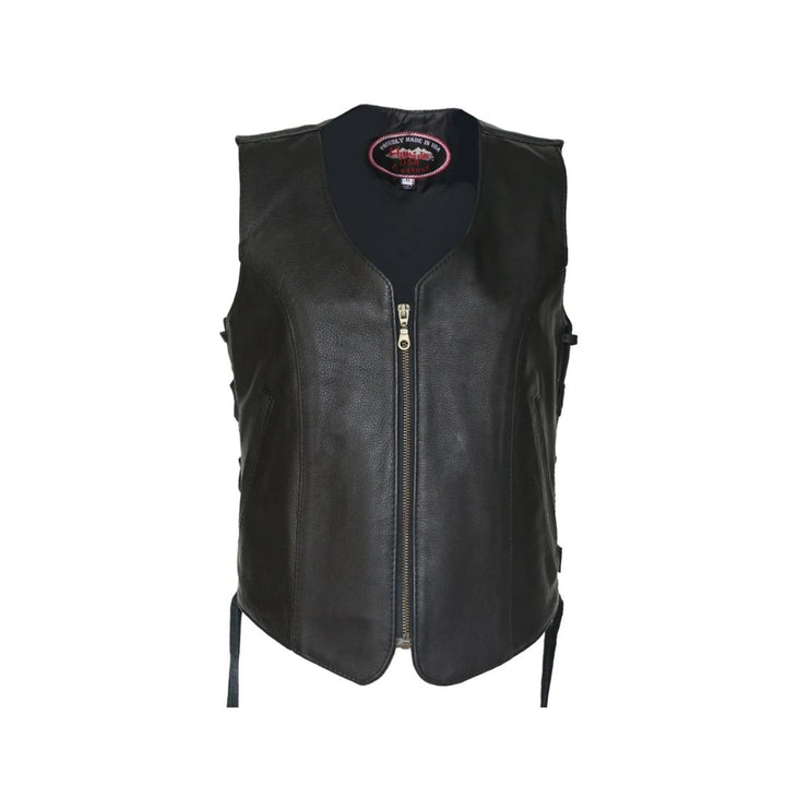 Women's Zip Up Black Biker Leather Vest with gun pockets
