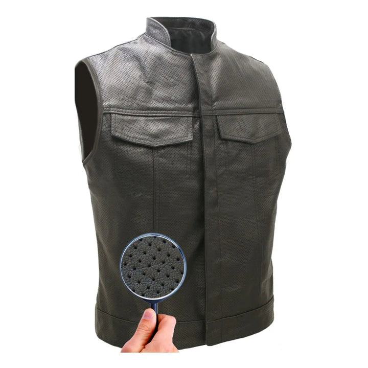 Club Style Perforated Leather Biker Vest