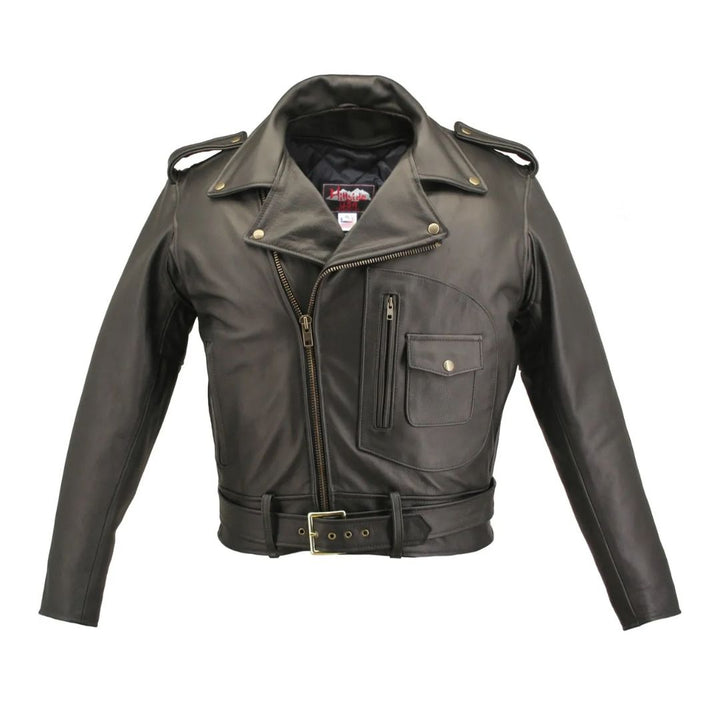 Men's D Pocket Black Leather Biker Jacket Cowhide - Black