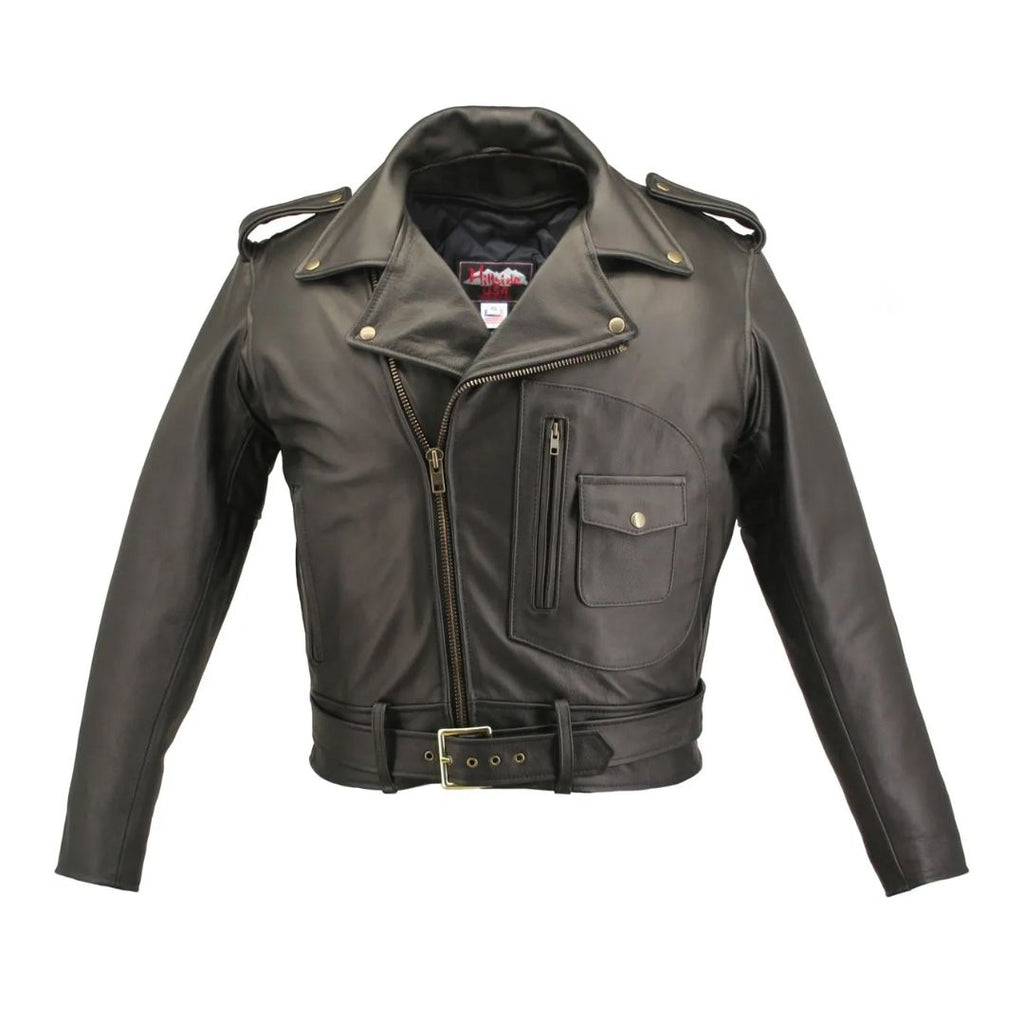 Men's D Pocket Black Leather Biker Jacket Cowhide - Black