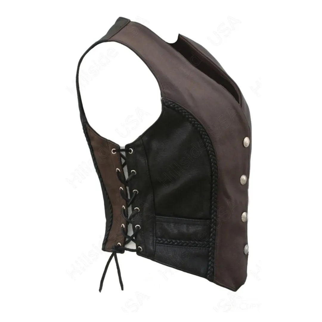 Women's Braided Black-Brown Leather Vest (Custom)