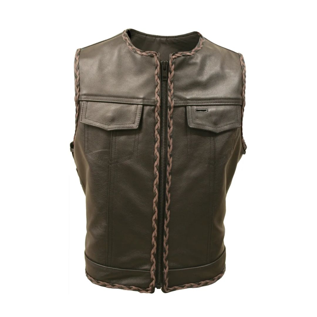 Outlaw All Leather Braided Biker Vest / Side Lace