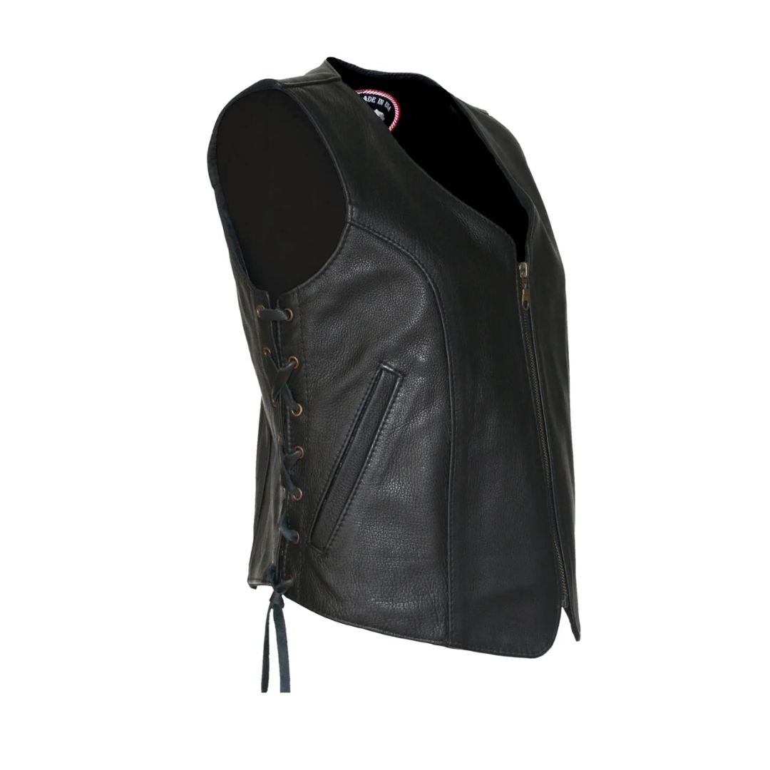 Women's Zip Up Black Biker Leather Vest with gun pockets
