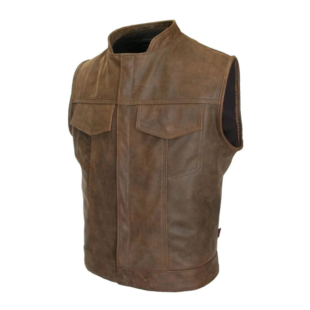 Brown Vintage Biker Cut Vest Concealed Snap / Zipper
