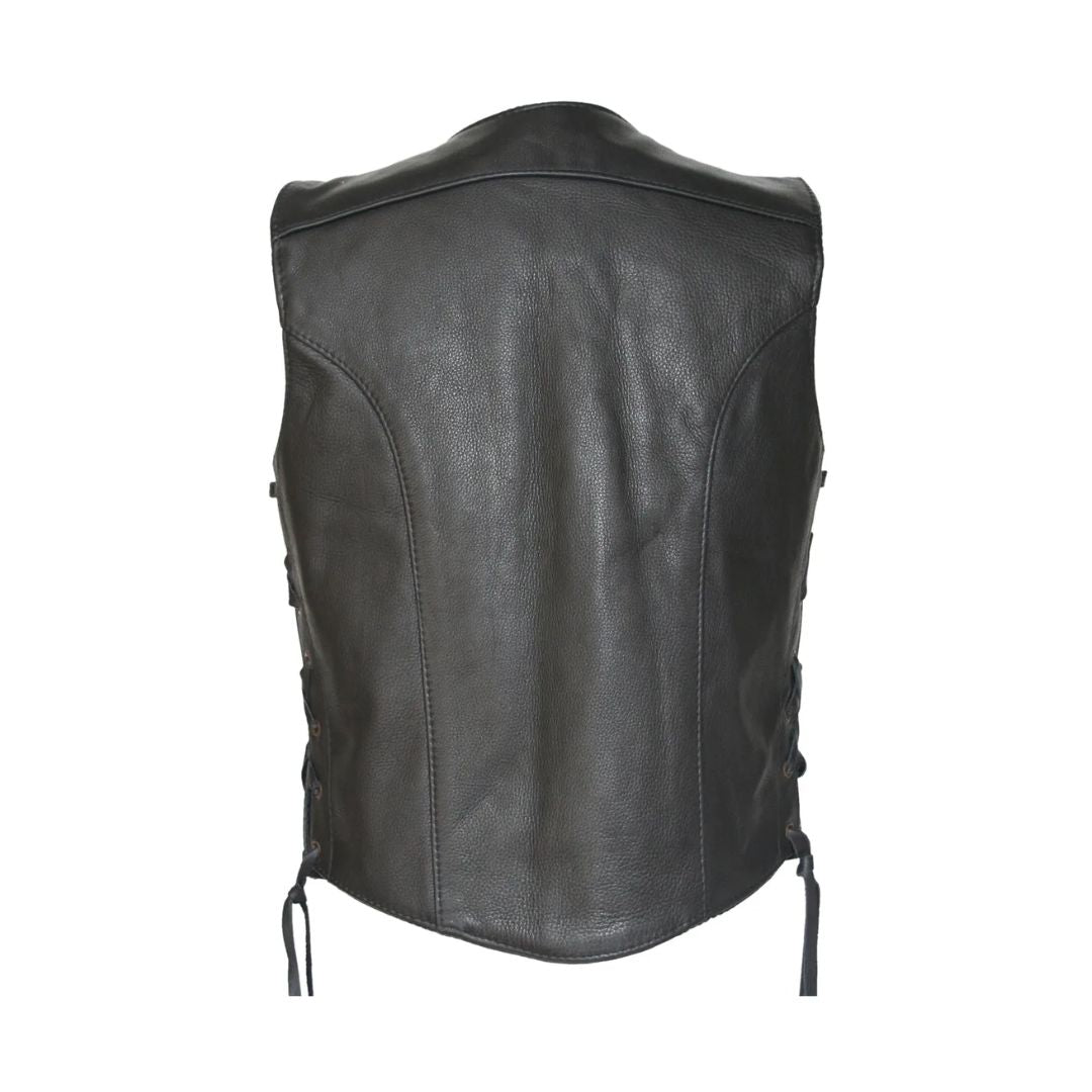 Women's Zip Up Black Biker Leather Vest with gun pockets