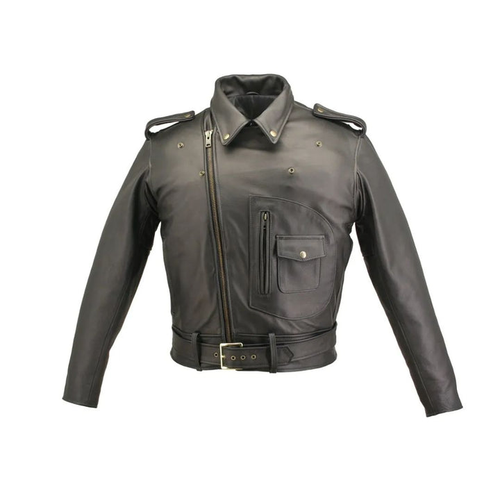Men's D Pocket Black Leather Biker Jacket Cowhide - Black
