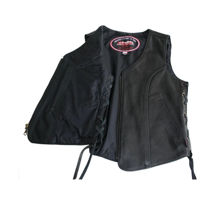 Women's Zip Up Black Biker Leather Vest with gun pockets