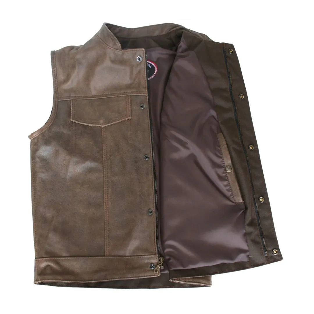 Brown Vintage Biker Cut Vest Concealed Snap / Zipper