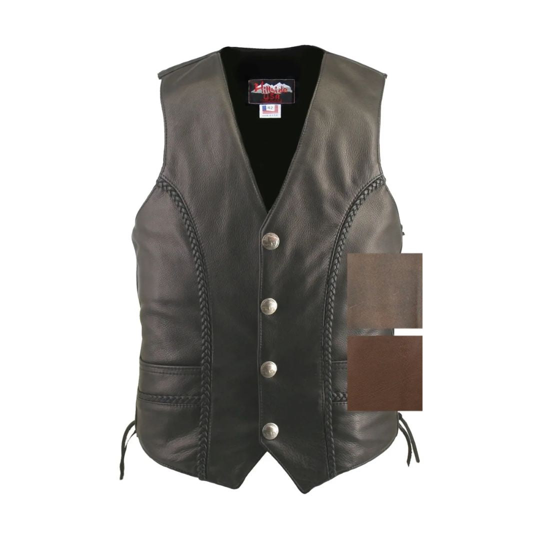 Men's Braided Leather Vest with Genuine Buffalo Nickel Snaps