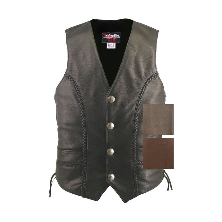 Men's Braided Leather Vest with Genuine Buffalo Nickel Snaps
