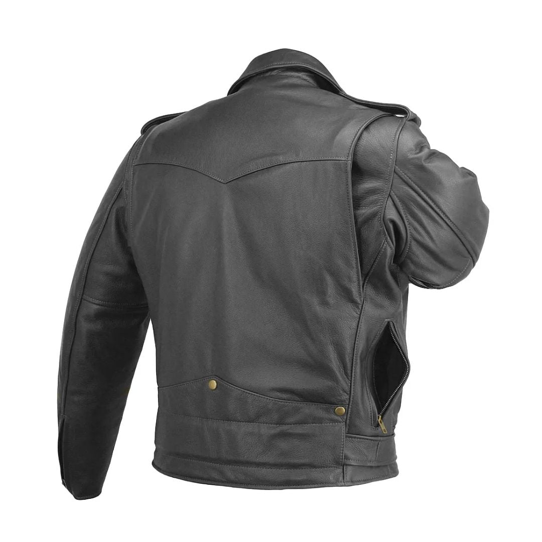 Men's D Pocket Black Leather Biker Jacket Cowhide - Black