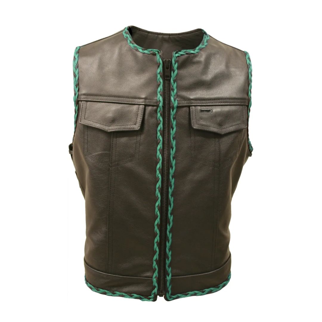 Outlaw All Leather Braided Biker Vest / Side Lace