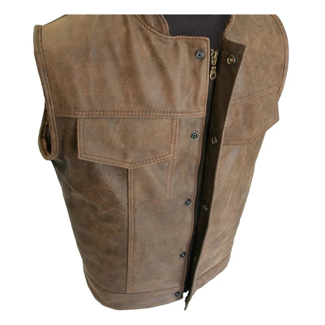 Brown Vintage Biker Cut Vest Concealed Snap / Zipper