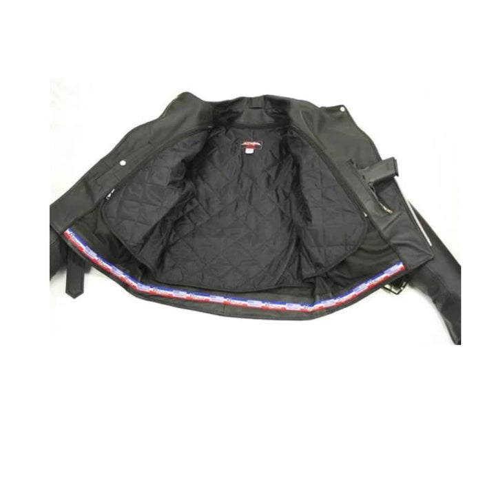 Men's D Pocket Black Leather Biker Jacket Cowhide - Black