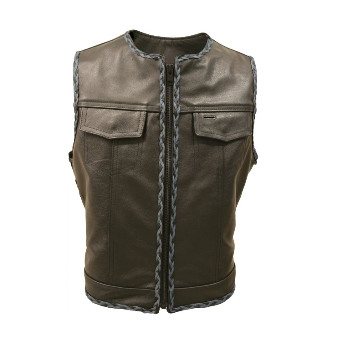 Outlaw All Leather Braided Biker Vest / Side Lace