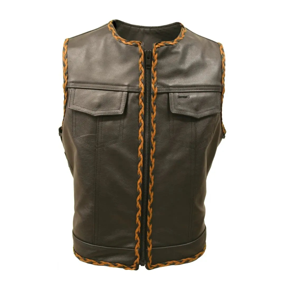 Outlaw All Leather Braided Biker Vest / Side Lace