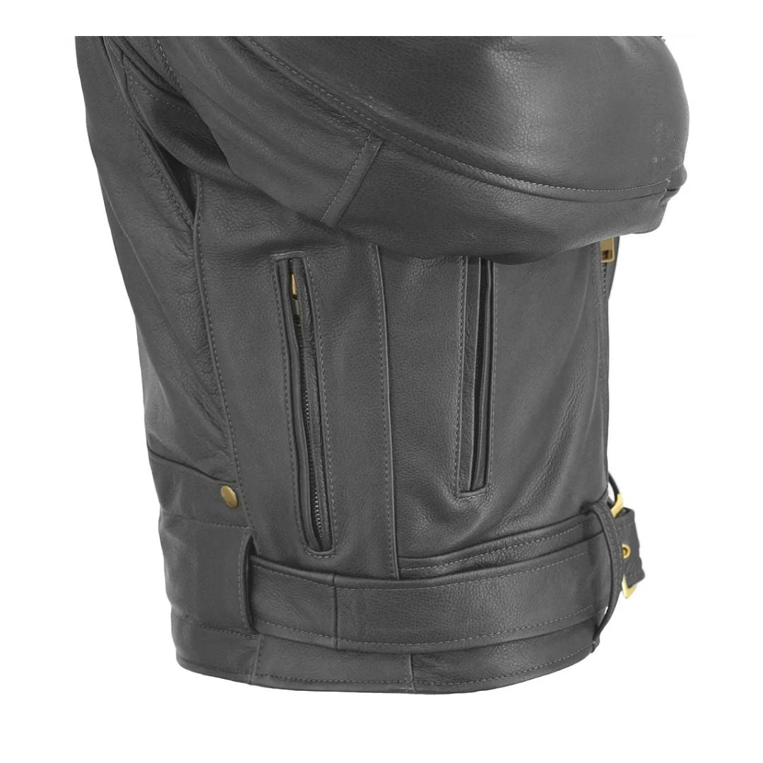 Men's D Pocket Black Leather Biker Jacket Cowhide - Black