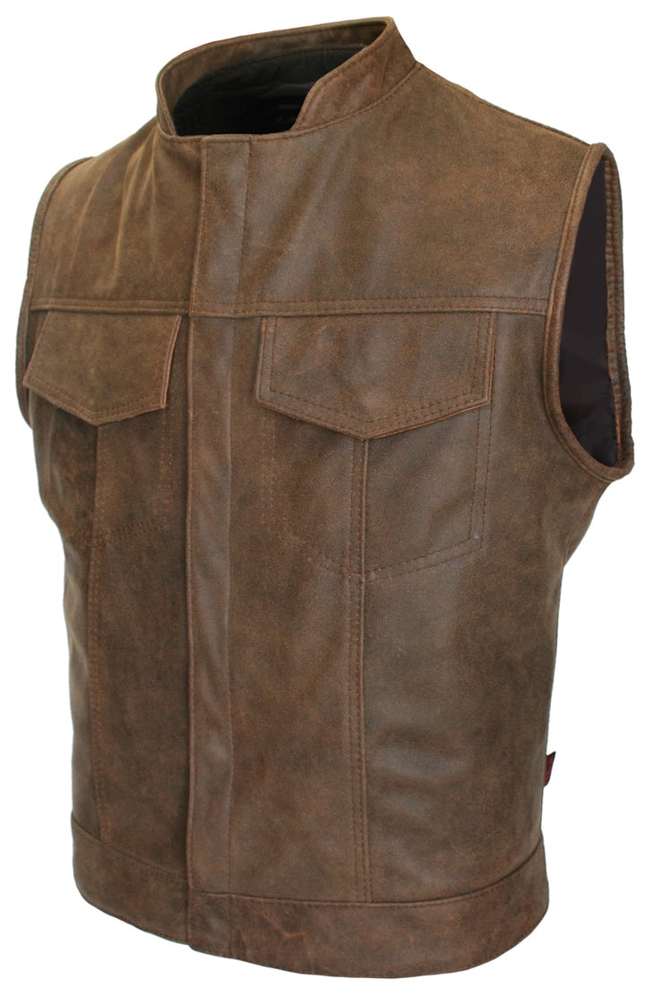 Brown Vintage Biker Cut Vest Concealed Snap / Zipper