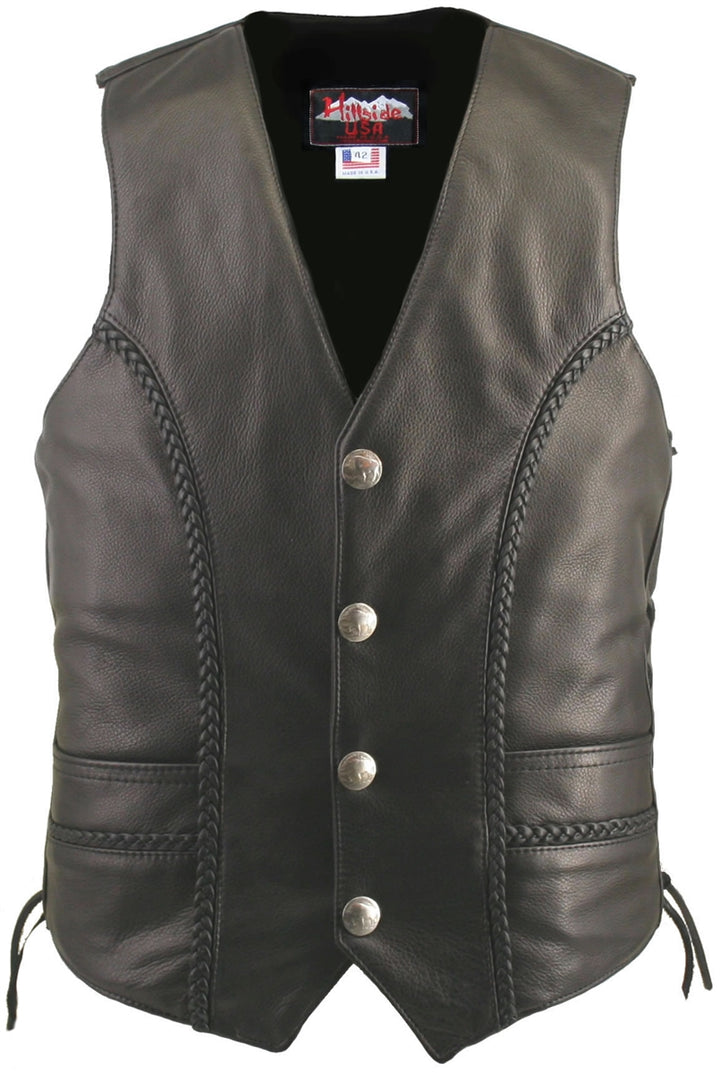 Men's Braided Leather Vest with Genuine Buffalo Nickel Snaps