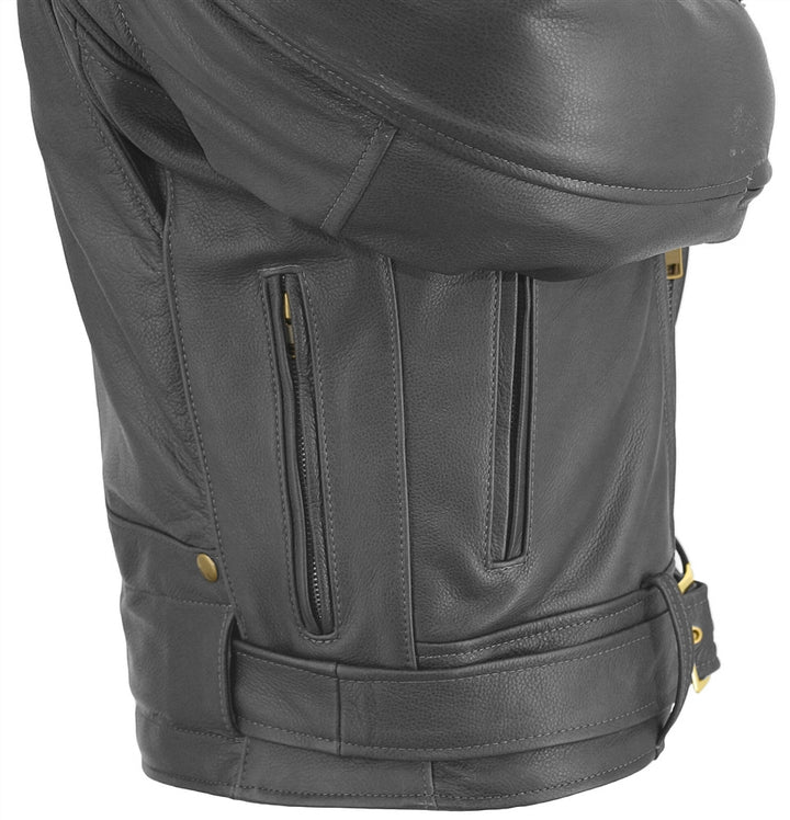 Men's D Pocket Biker Leather Jacket - Black