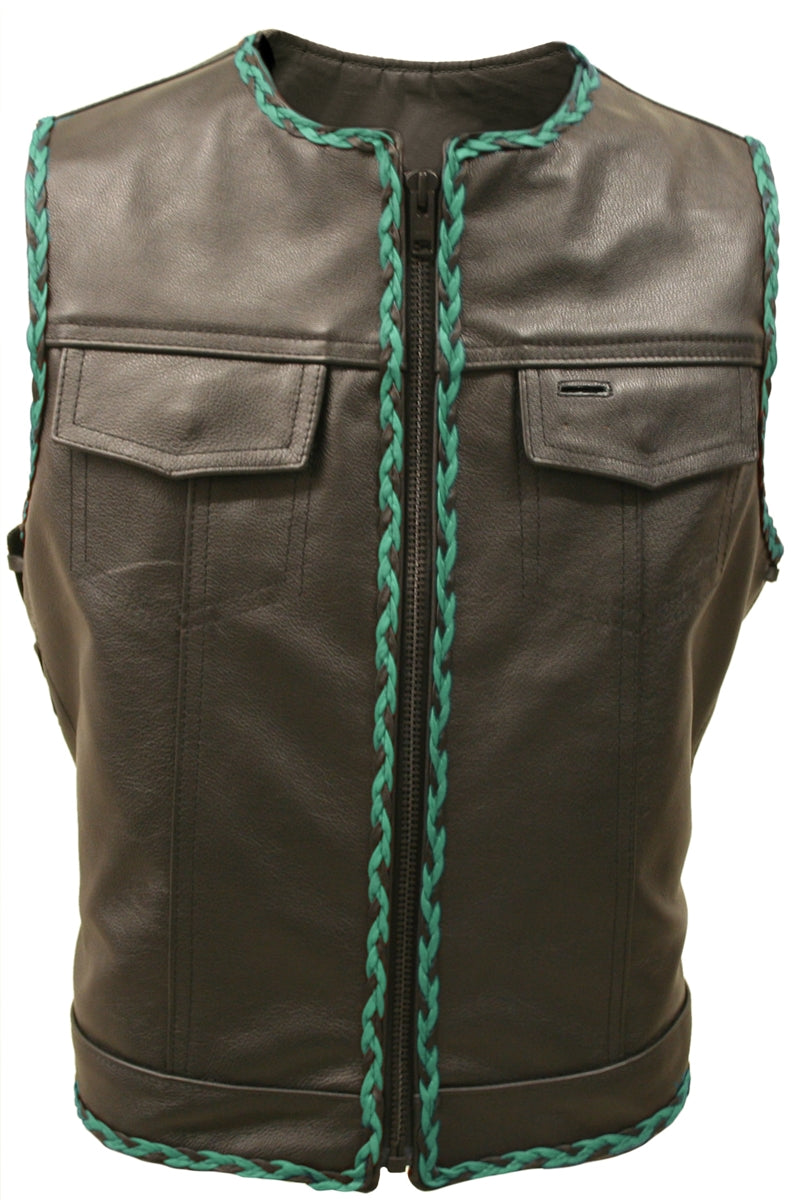 Outlaw All Leather Braided Biker Vest / Side Lace