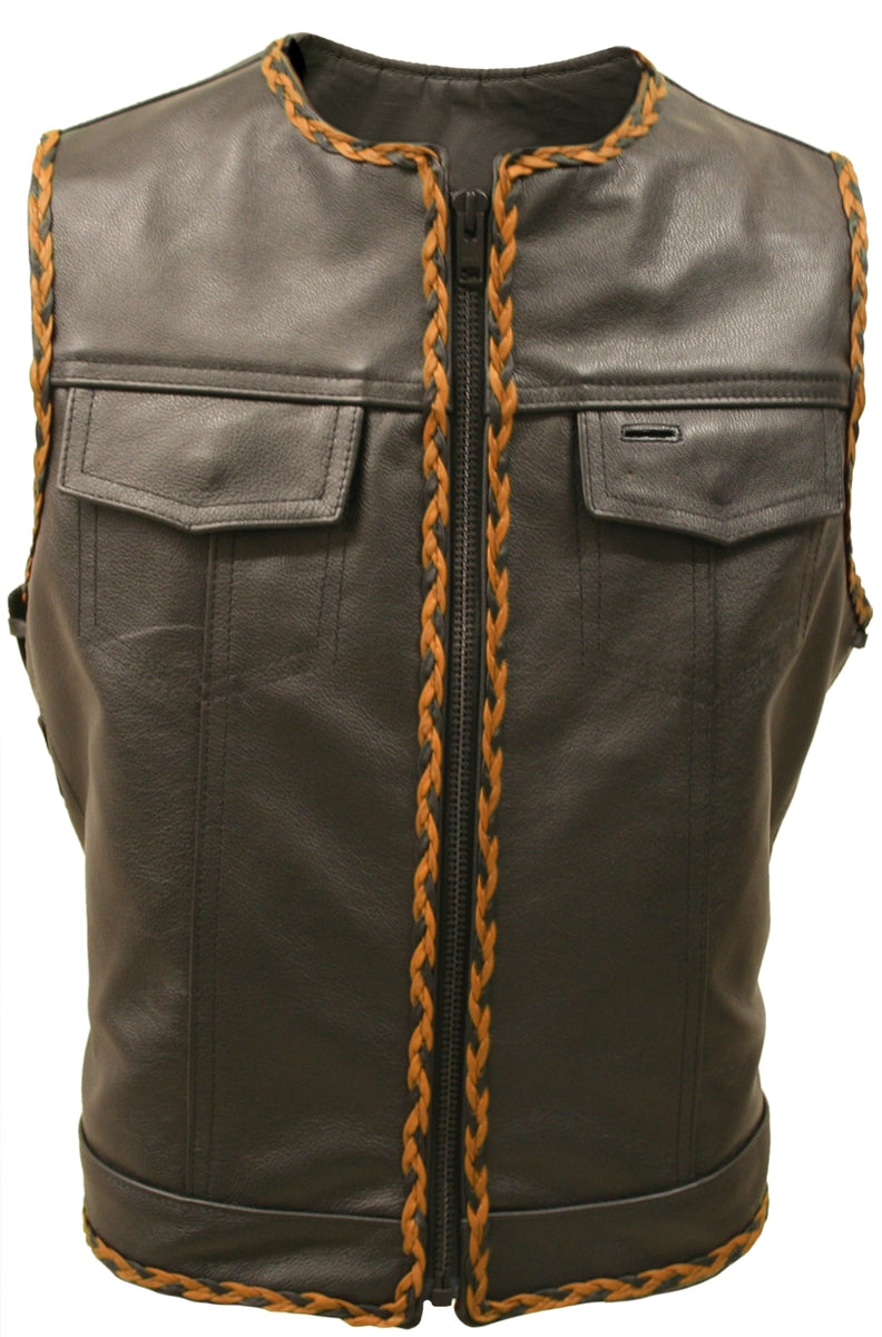Outlaw All Leather Braided Biker Vest / Side Lace
