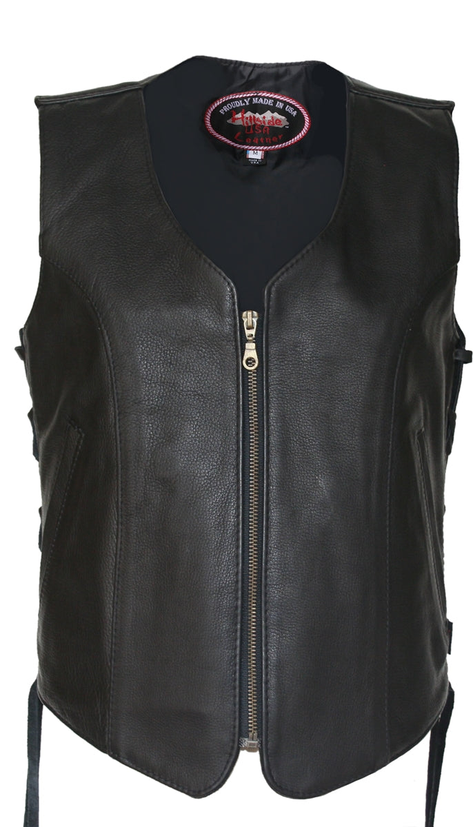 Women's Zip Up Black Biker Leather Vest with gun pockets