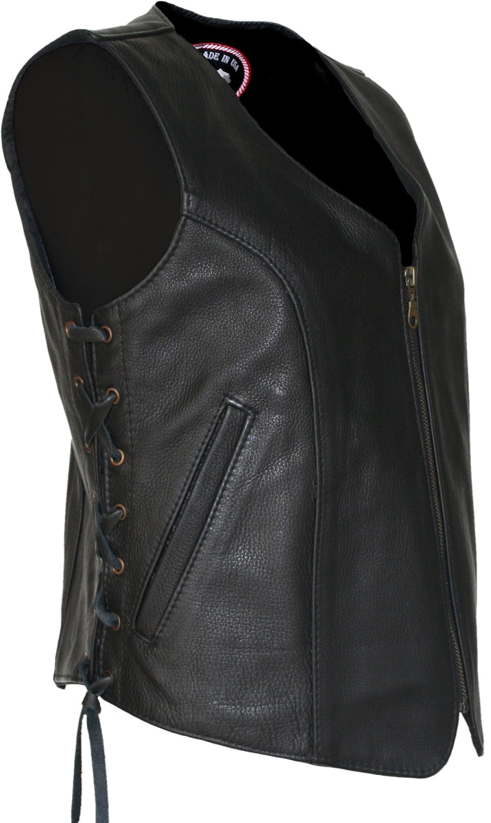 Women's Zip Up Black Biker Leather Vest with gun pockets