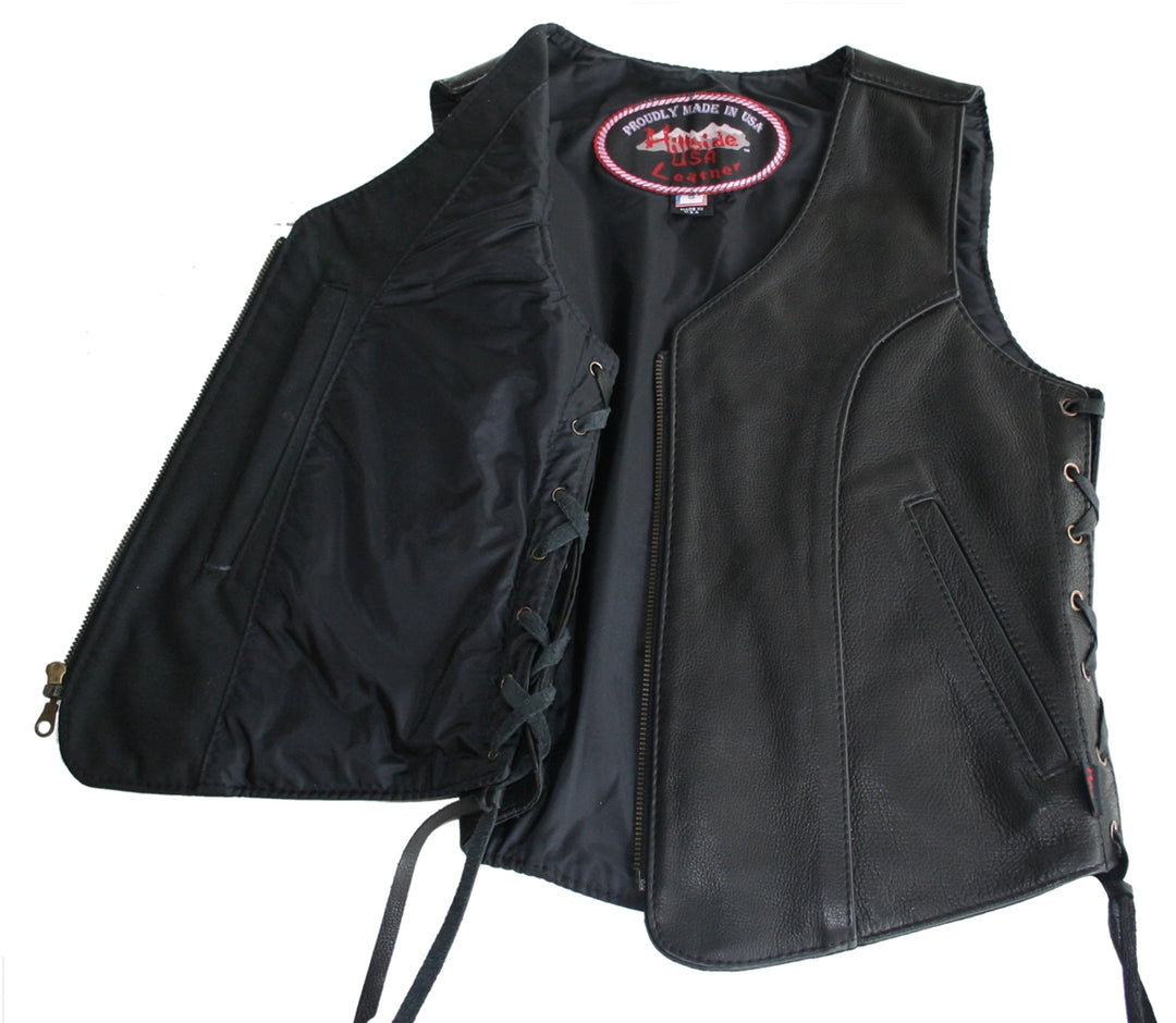 Women's Zip Up Black Biker Leather Vest with gun pockets
