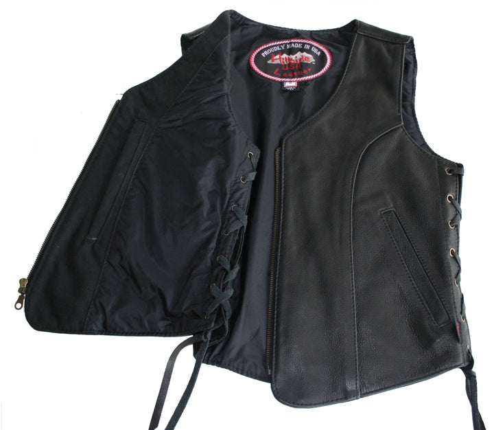 Women's Zip Up Black Biker Leather Vest with gun pockets